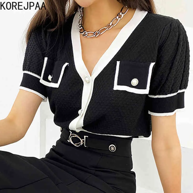 Women Sweater Summer Korean Chic Elegant Temperament V-Neck Pockets Single-Breasted Puff Sleeve Knitted Cardigan 210514