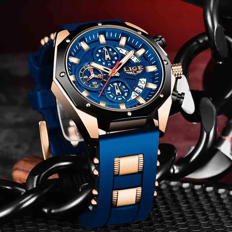 Lige Moda Męskie Zegarki Top Marka Luksusowy Silikonowy Zegarek Sportowy Mężczyźni Kwarcowy Data Zegar Wodoodporny Zegarek Relogio Masculino Q0524