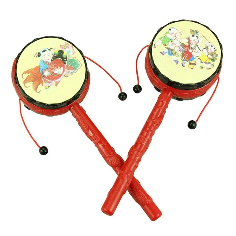 Chinese traditie voor baby kinderen cartoon hand bel speelgoed houten rammelaar drum muziekinstrument traditionele ratel drum spin speelgoed