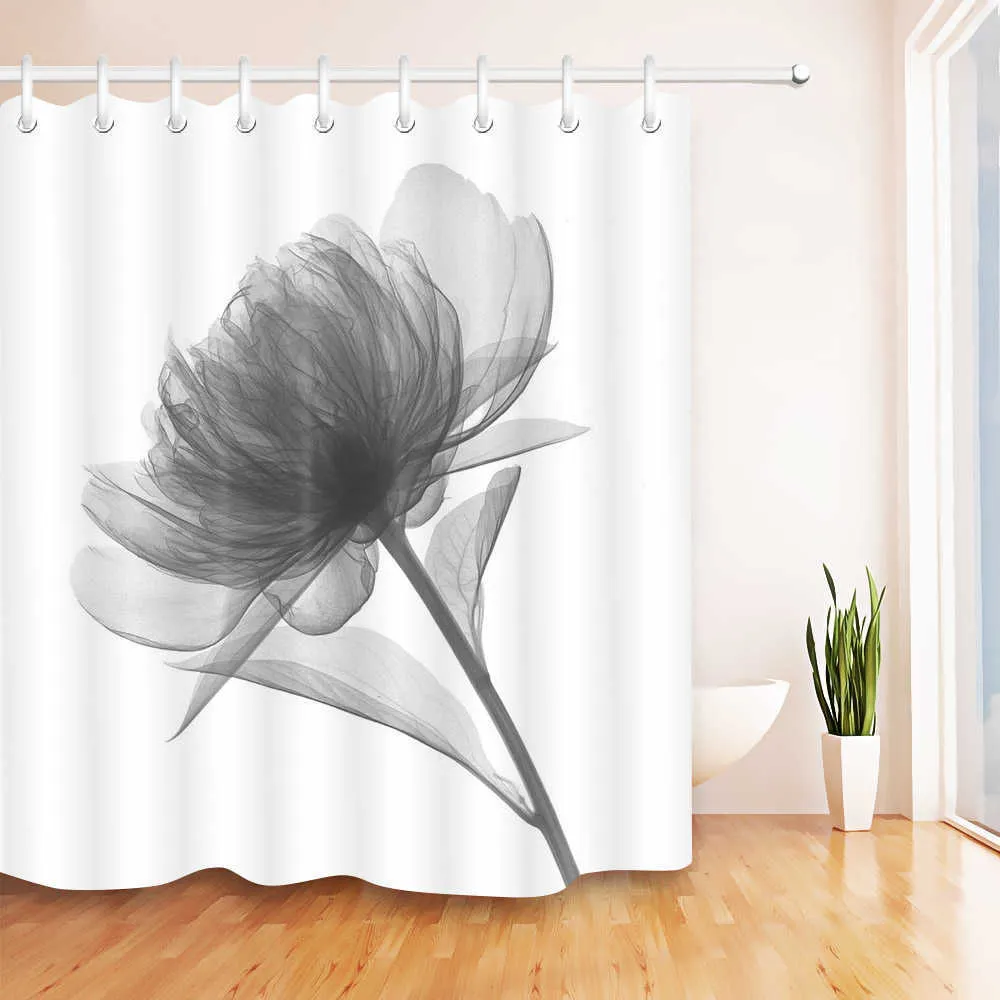 Waterproof Black and White Flower Shower Curtains Bathroom Curtain Fabric X-ray Effect Flowers Bath Screen Bathtub Home Decor 210609