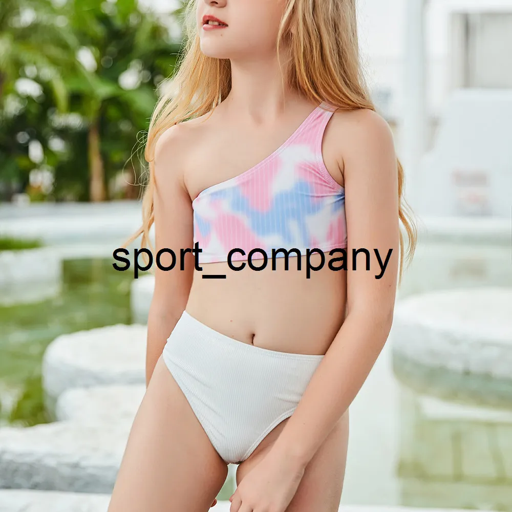 5-14 Years Girl Swimsuit Kids Tie-Dye Teenage Girl One-Shouldered Bikini Set Two Piece Children's Swimwear Toddler Bathing Suit