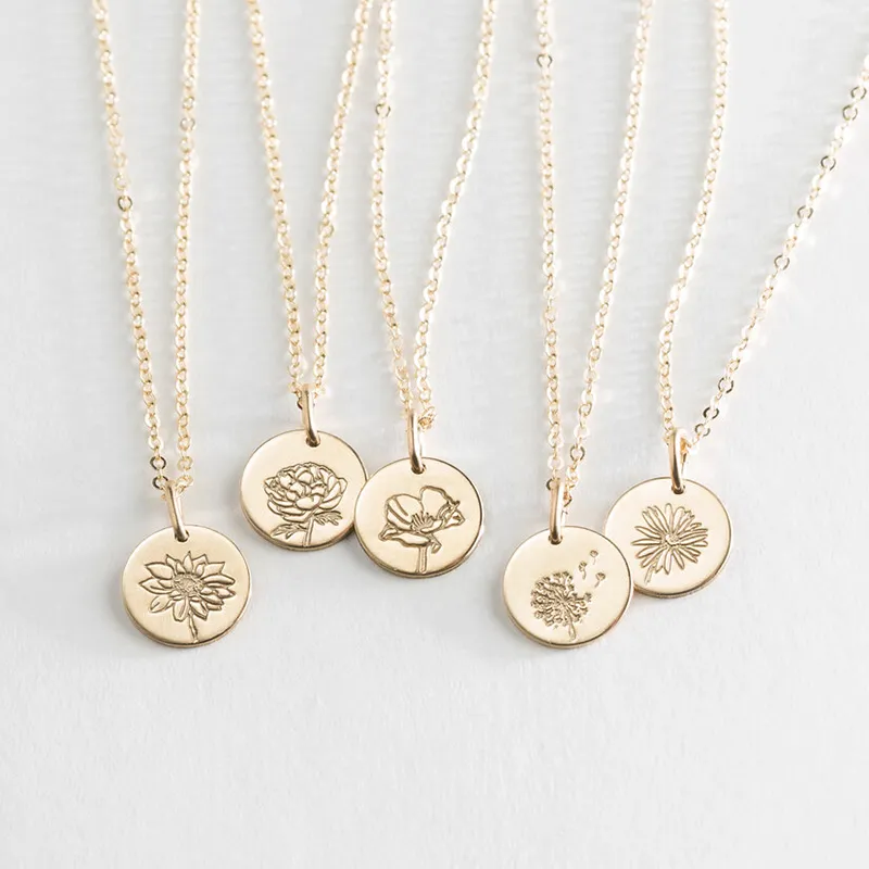 Flowers Necklace Birthday Jewelry Handmade13MM/16MM Coins Choker 14K Gold Filled Pendants Collier Kolye