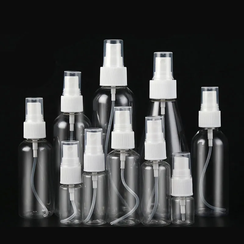10ml 20ml 30ml 50ml 60ml 80ml 100ml 120ml 200ml Clear vazio fino névoa plástico mini grupo de garrafa de viagem, pequenos recipientes líquidos recarregáveis