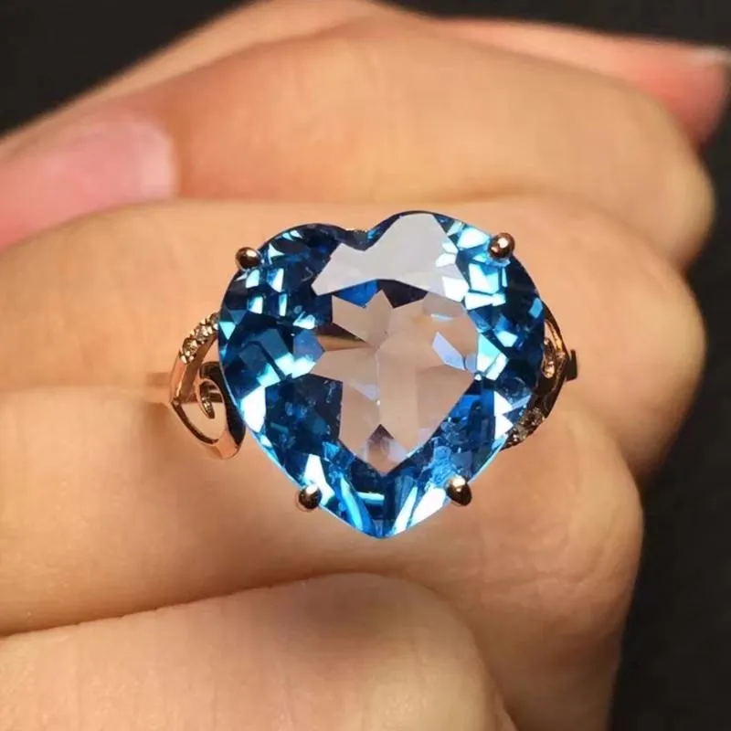 Cluster Rings Fine Jewelry Real 18K Rose Gold AU750 100% Natural Blue Topaz Gemstone Female For Women Ring