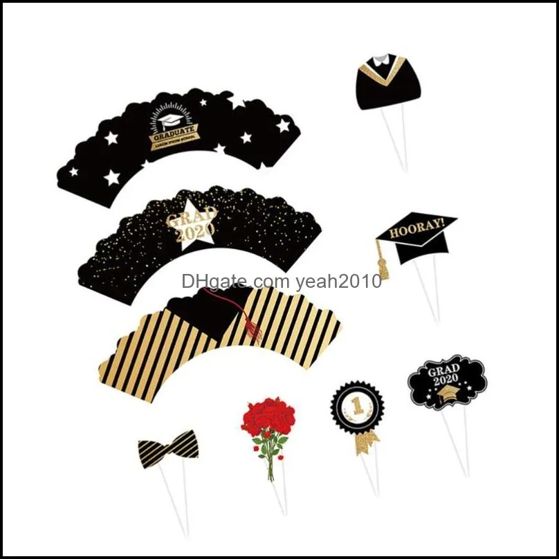 24pcs In 1 Set Black And Golden Graduation Party Cupcake Wrapper Toppers DIY Insert Cake Linner Paper Picks Other Festive & Supplies