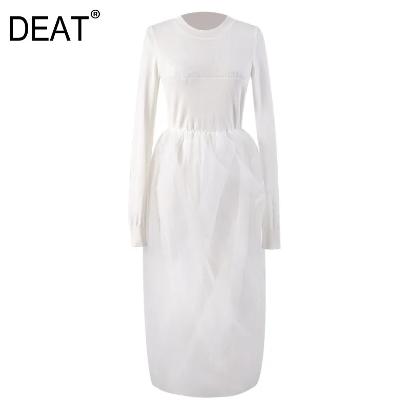 Women White Patchwork Gauze Folds Elastic Waist Dress Round Neck Long Sleeve Slim Fit Fashion Tide Summer 7E1031 210421
