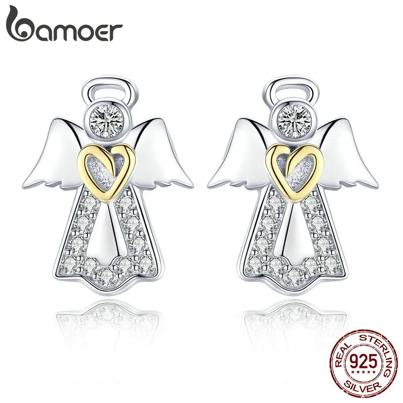 BAMOER Genuine 925 Sterling Guardian Angel Exquisite Stud Earrings for Women Fashion Silver Jewelry Gift SCE476