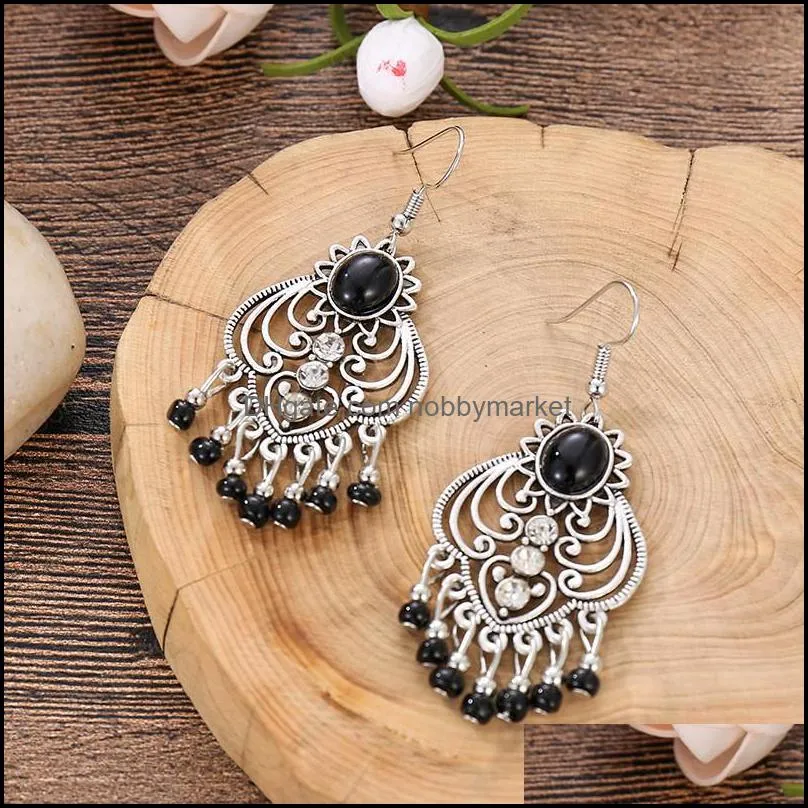 Bohemian Women`s Gem Stone Beaded Dangle Earring Indian Jewelry Retro Boho Holiday Style Vintage Earrings Ethnic