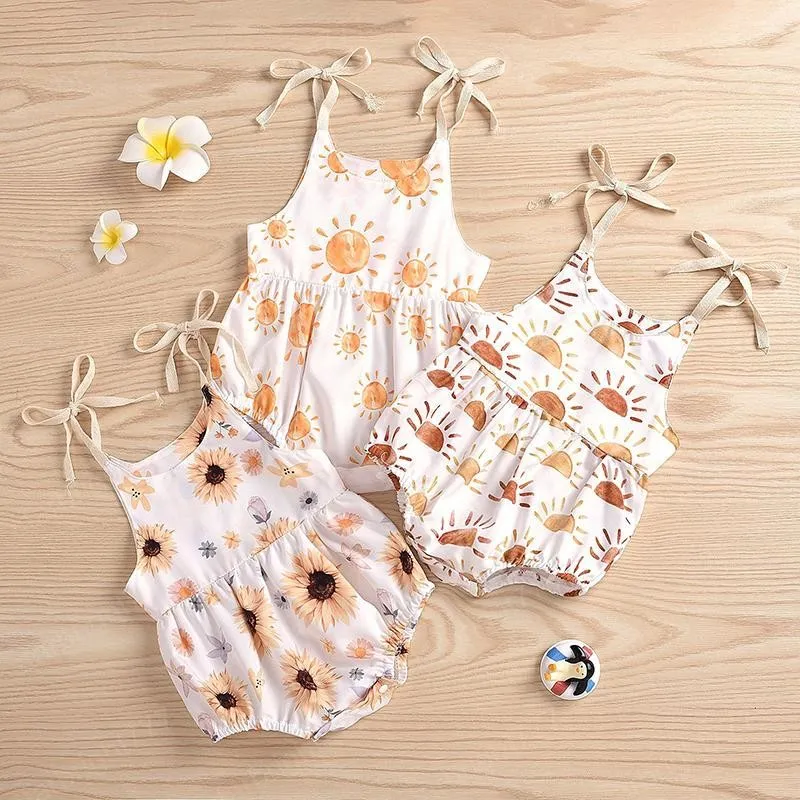 Kids Rompertjes Meisjes Zonnebloem Zon Print Romper Zuigeling Peuter Sling Jumpsuits Zomer Mode Baby Klimmen Kleding