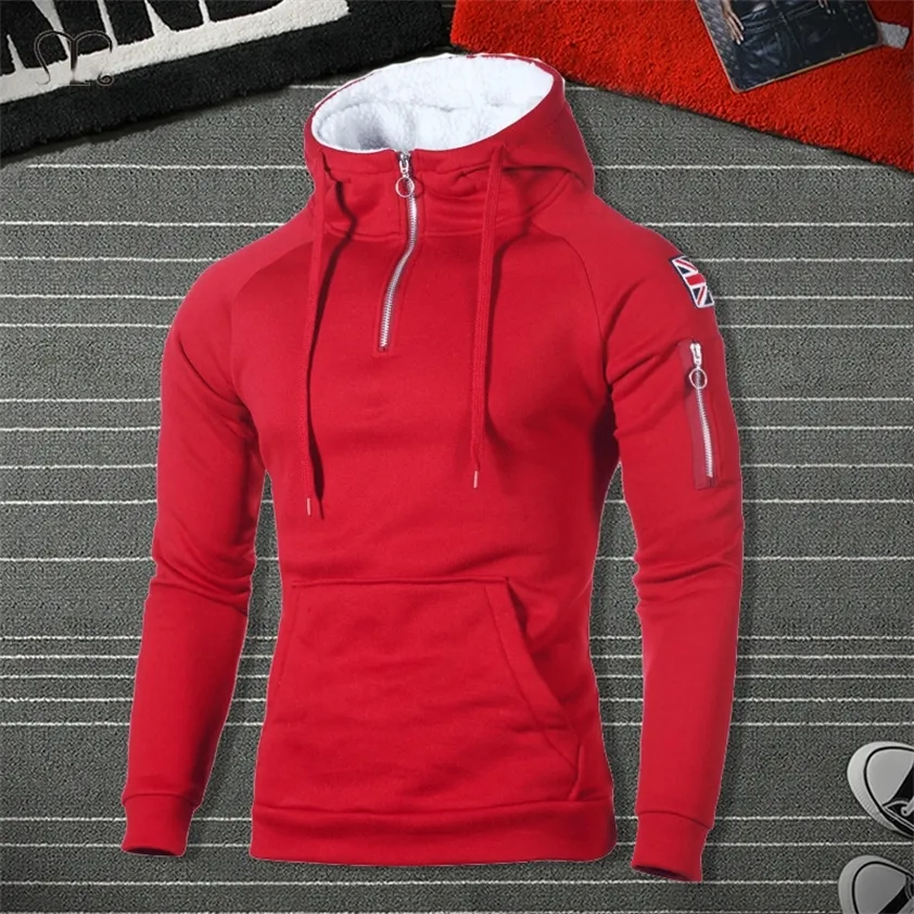 Män hoodies tröjor mode blixtlås lång ärm huva hoodie manlig casual hoody outwear hip hop streetwear solid pullover röd 220215