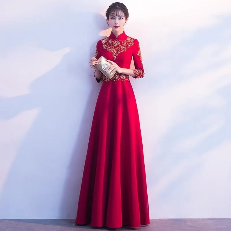 Röd broderi kinesisk kvällsklänning lång brud bröllop qipao orientalisk stil fest klänningar brudtärna robe ceremonie file klänningar etnisk clot