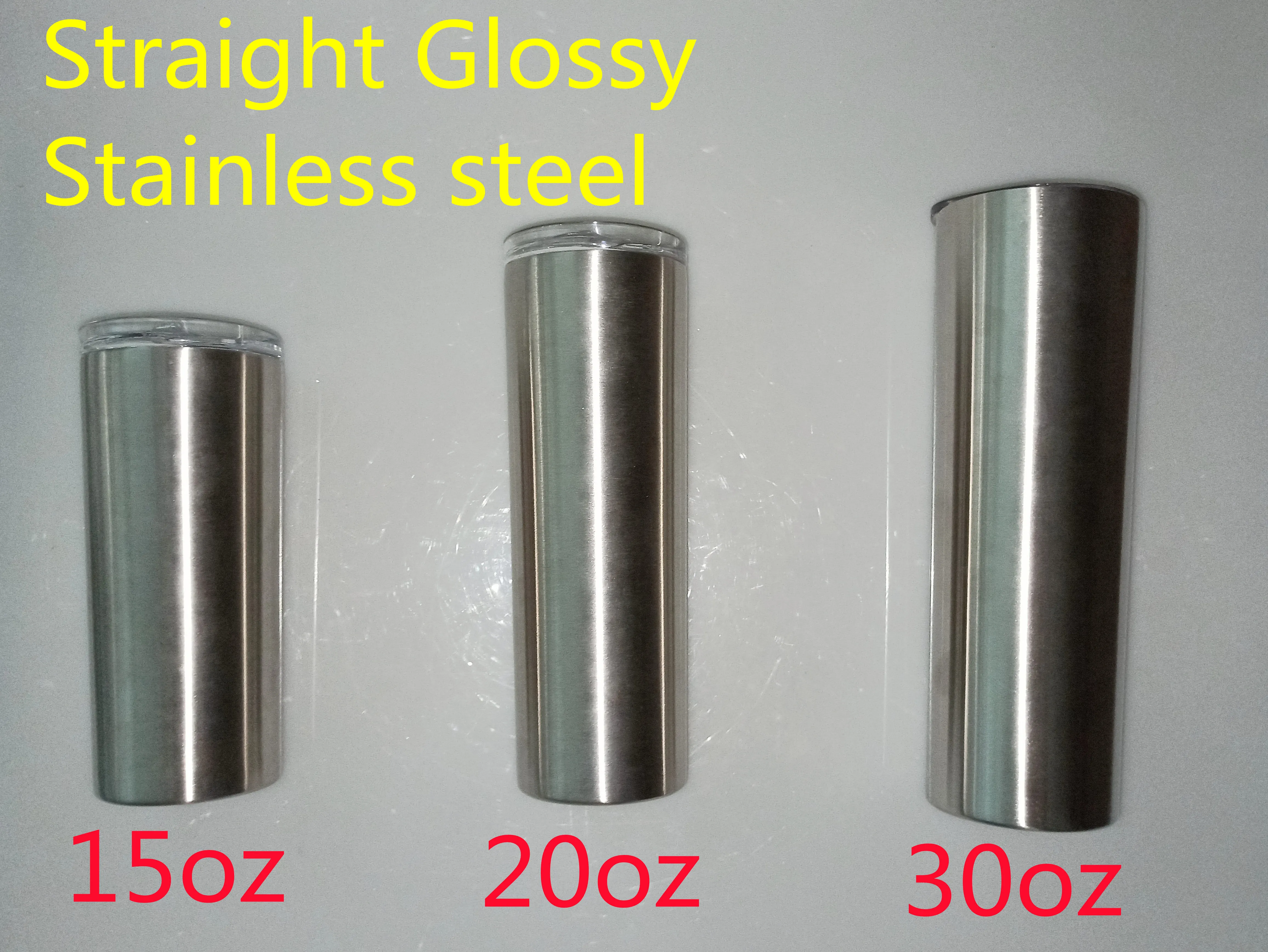 Skinny Tumblers Silver Straight Tumbler Öl Kaffe Kopp 304 Rostfritt Stålisolering Vakuumkolv med lock Plaststrålar 15oz 20oz 30oz