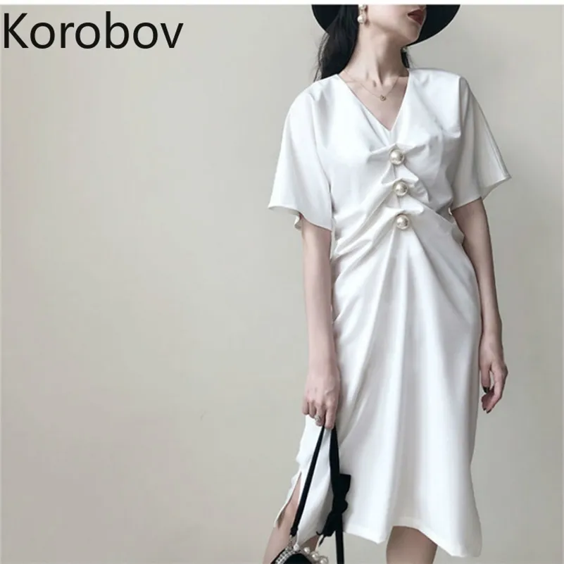 Korobov Robe d'été coréenne élégante col en V perles froncées femmes robes à manches courtes robes élégantes Mujer 210430