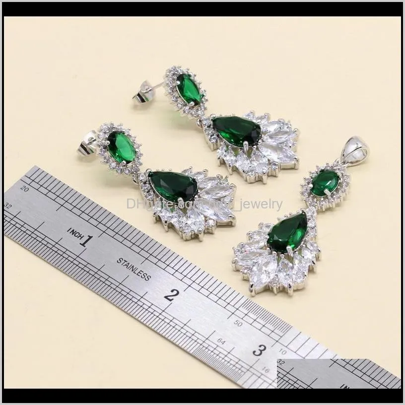 925 sterling silver jewelry set women birthday gift length bracelet necklace pendant earrings green semi-precious 2021