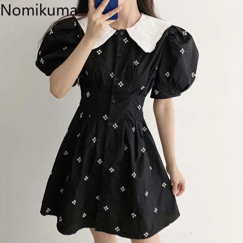 Nomikuma Vintage Peter Pan Collar Kleider koreanische Hauchhülse Slim Taille A-Linie Kleid Frauen Single Breasted Sweet Vestidos 6H472 210427