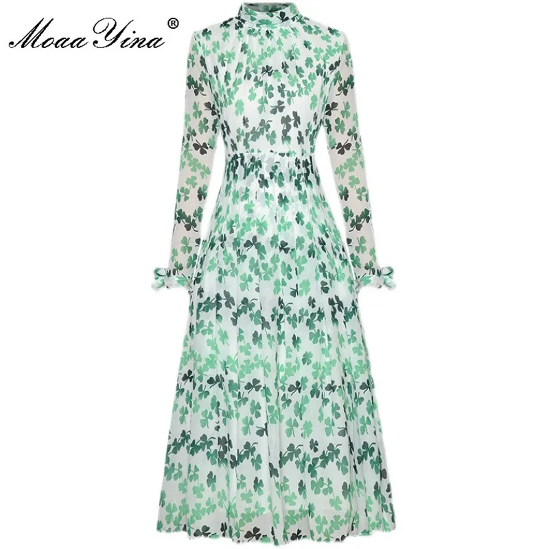 Модное дизайнерское платье лето женское платье с длинным рукавом зеленый цветочный принт шифон каникул MIDI 210524