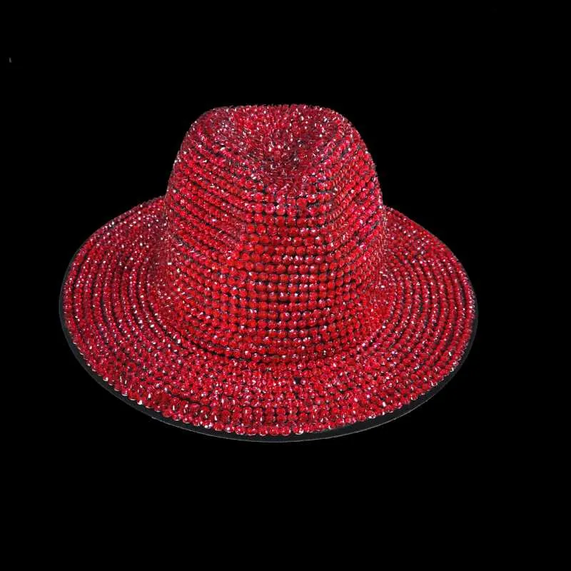 Chapeaux à large bord rouge strass Fedora unisexe chapeau Fedoras Jazz Party Club hommes pour femmes et vente en gros Tophat