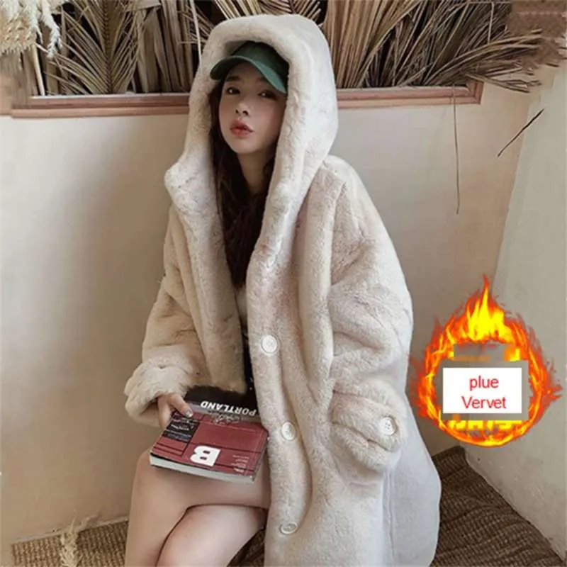 HSTAR Faux Fur Coat Kobiety Casual Koreański Luźne Bluzy Ry Grube Bat Sleeved Ciepła Długa Kurtka Kurtka Zima 210928