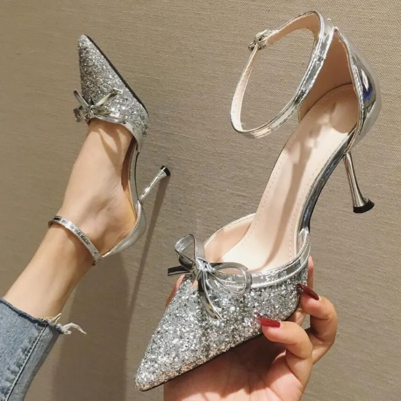 Gold/silver Glitter High Heels Women Pointed Toe Bowtie D'Orsay Pumps Thin Heel Ankle Strap Shiny Sequined Wedding Shoes Y1082 Dress