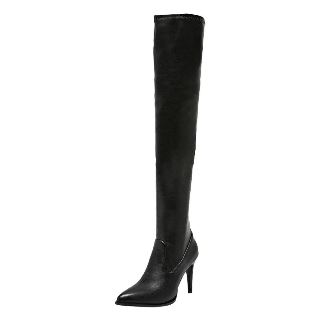 膝の上のブーツ女性の弾性黒の冬のブート薄いハイヒールの戦利品の女性セクシーな尖ったつま先の靴Batas Mujer