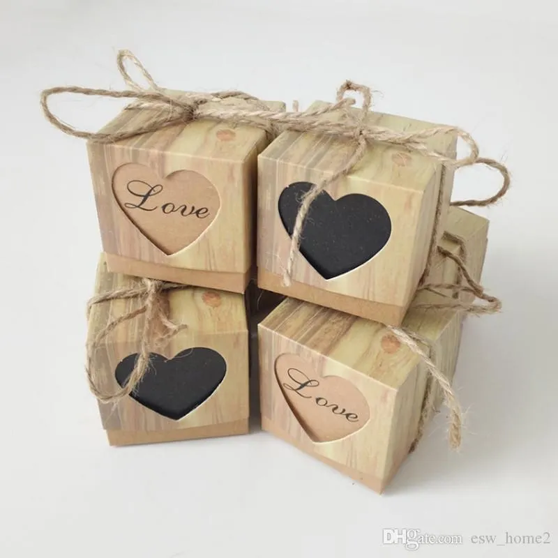 Candy Box Romantic Heart Kraft Gift Bag With Burlap Twine Chic Wedding Favors Gift Box Supplies 5x5x5cm