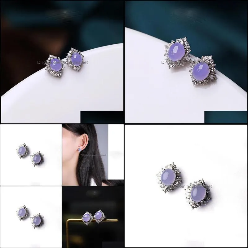 Stud Inspiration Craft Silver Inlaid Crystal Natural Chalcedony Violet Geometric Earrings Exquisite Charm Ladies Jewelry