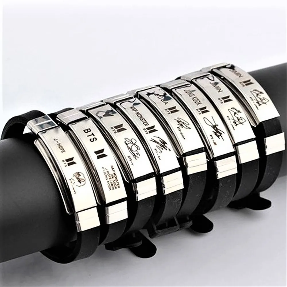 Stainless Steel Bracelet Carved Letters Casual Men Wristband Black Titanium Steel Silicone Bangle Fashion Charm Jewelry