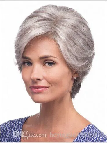 8 polegadas prata reta cinza curta peruca bangs bangs moda resistente ao calor Penteados sint￩ticos Gin￡sticos perucas para mulheres idosas idosas senhora