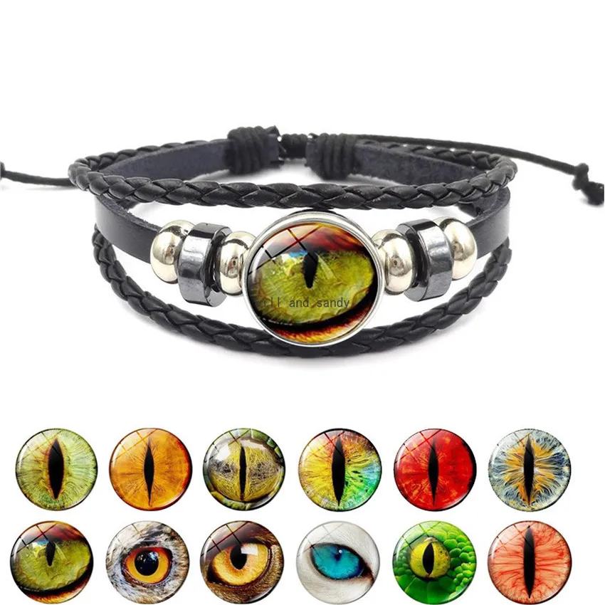 Animal Dragão Olho Olho Vidro Cabochão Pulseira Tempo Gema Vintage Pu Couro Ajuste Trançado Braceletes Bangle Cuff para Mulheres Homens Moda Jóias Will e Sandy