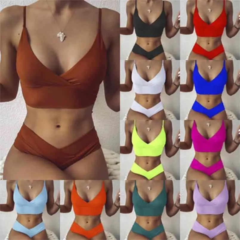 Sexy Cross Bikini Set Femmes Solide Col V Haute Taille Haute Taille Deux Pièces Maillot De Bain Fille Plage Maillot De Bain Maillots De Bain Biquinis 210630