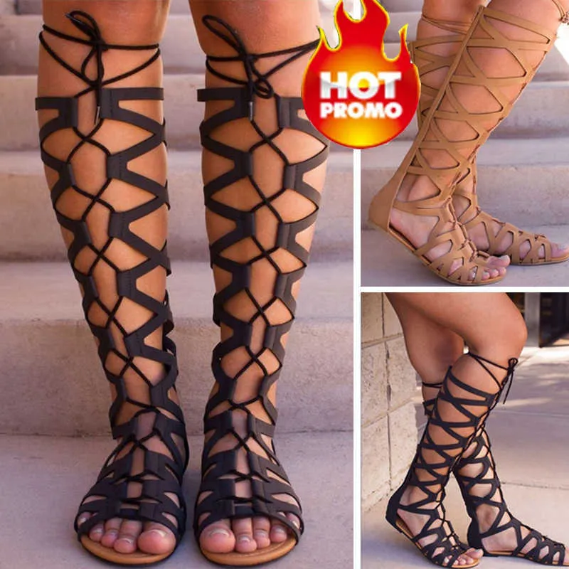 Cowboy Roman Gladiator Bandage Sandals Women Knee High Flat Sandalias Botas Femininas Women Shoes Girls Summer Hollow Ankle Boot 210302