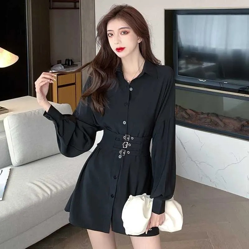 Elegancka czarna koszula Dres z długim rękawem Mini Vintage Party Lady Wiosna Sashes High Waist Office Korean Sexy 210604