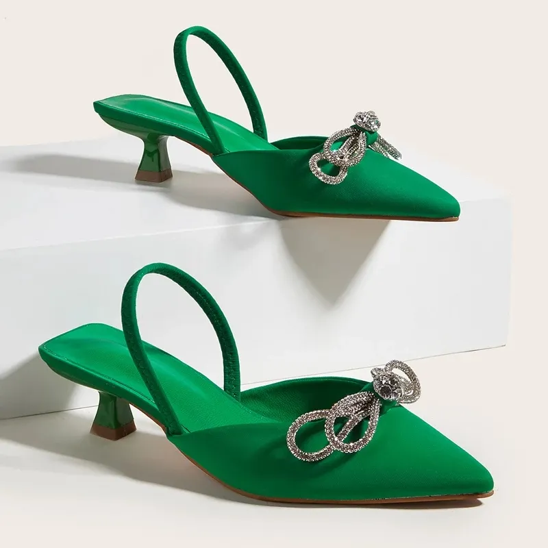 Saltos Verdes para Mulheres Pontos Apontaram Comfor Bave Saltos Escritórios Sapatos Primavera Strass Bow Slingback Senhoras Bombas Zapatos de Tacon