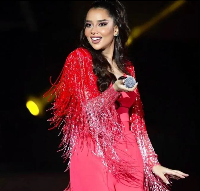 Red Beaded V Neck Fringe Jumpsuit With Tassel Detail By