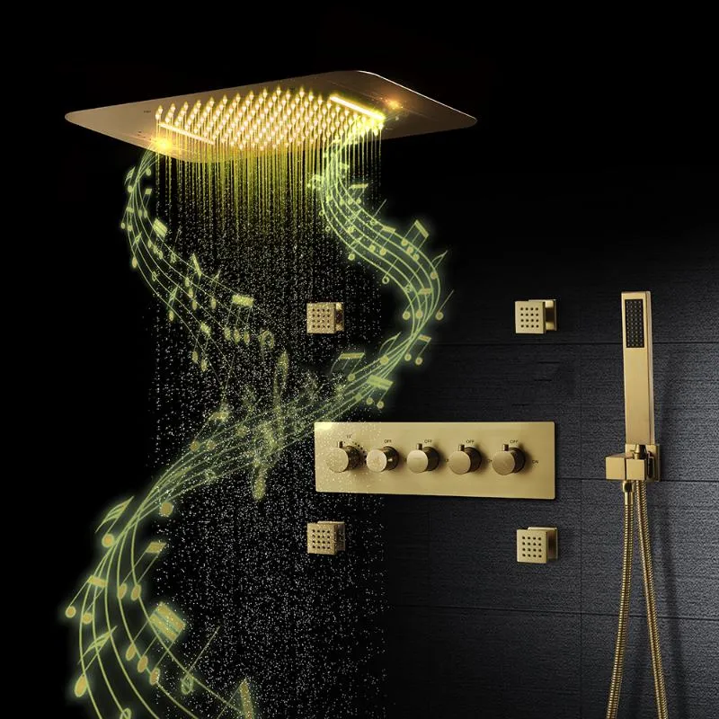 Badezimmer-Duschsets, luxuriöser gebürsteter Gold-Thermostat-LED-System-Wasserhahn, Musik-Regenpaneel, hoher Druck, Wasserfall-Duschkopf