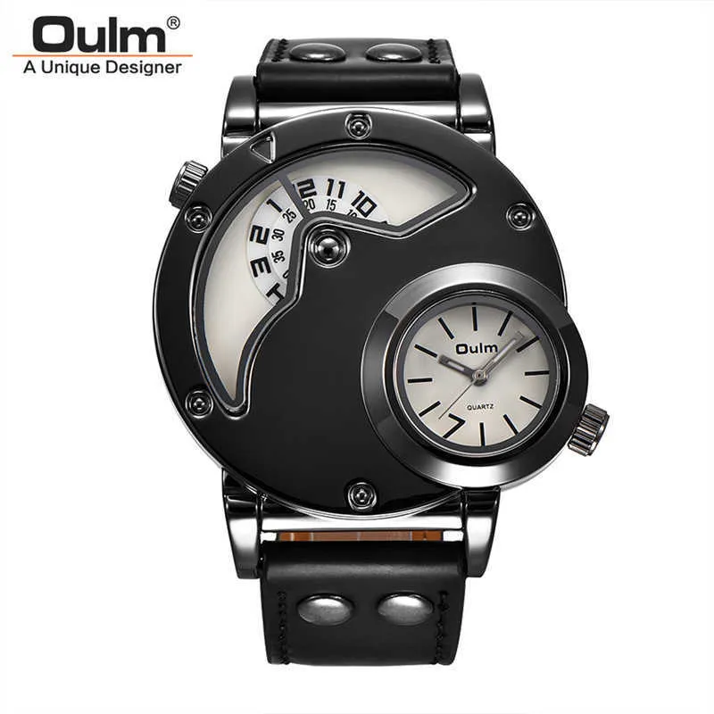 Oulm 9591 Sport Watches Two Time Zone Male Clock Genuine Leather Strap Wristwatch Man Unique Style Multiple Time Zone Watch G1022