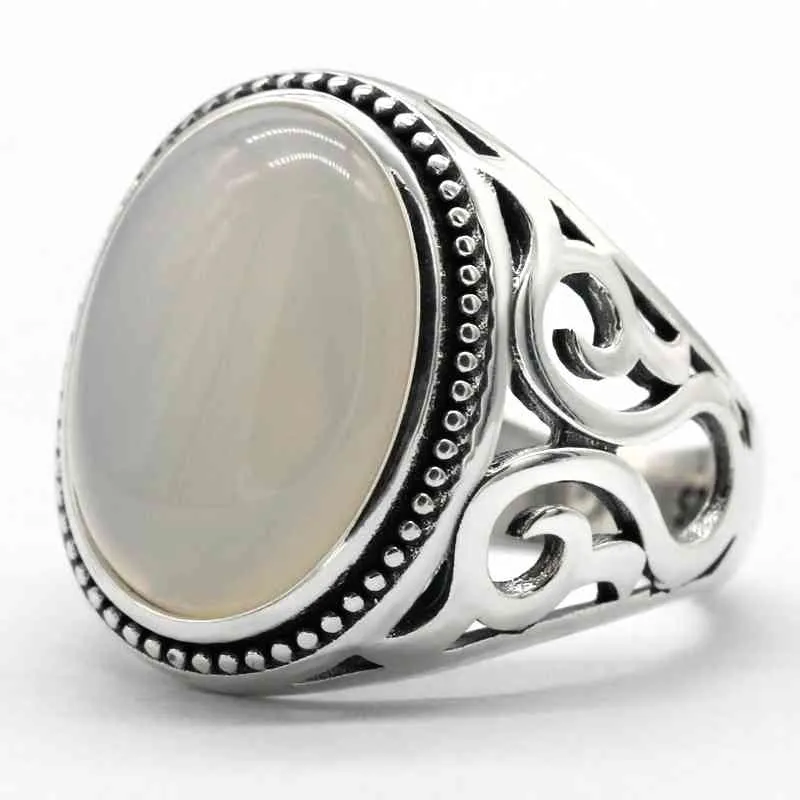 Bague punk pour homme en argent sterling 925 avec pierre d'agate blanche haute joaillerie