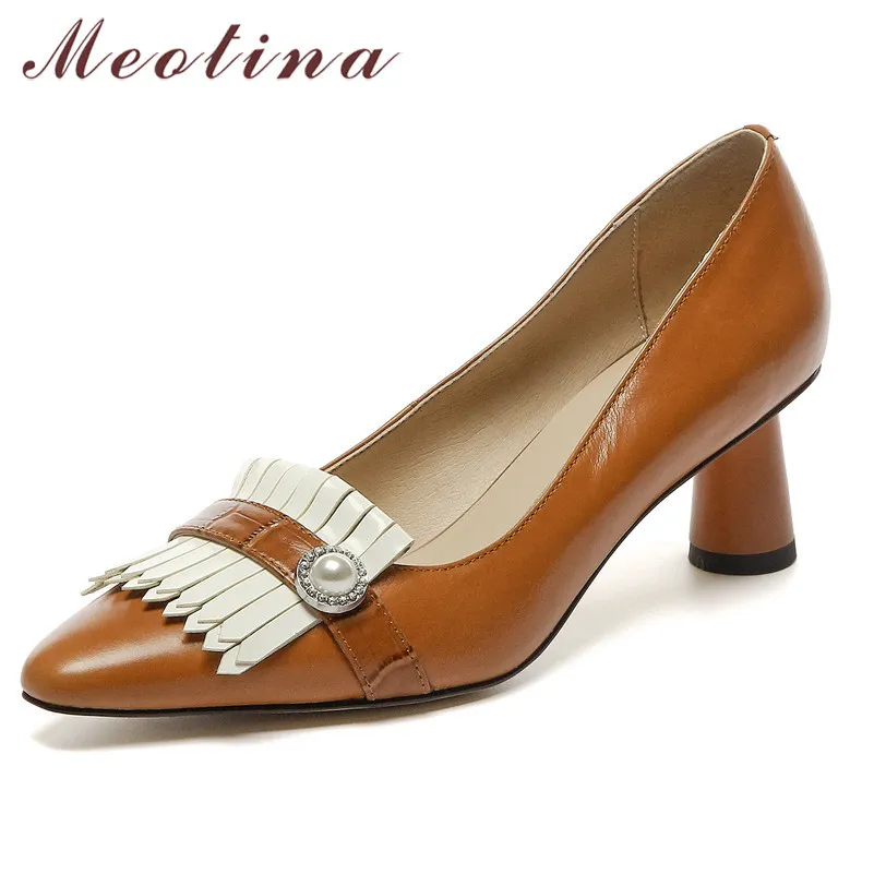 Meotina Genuine Leather Block Heels Pumps Women Fringe Pointed Toe Shoes Pearl Fashion High Heel Shoes Slip On Footwear Brown 210520