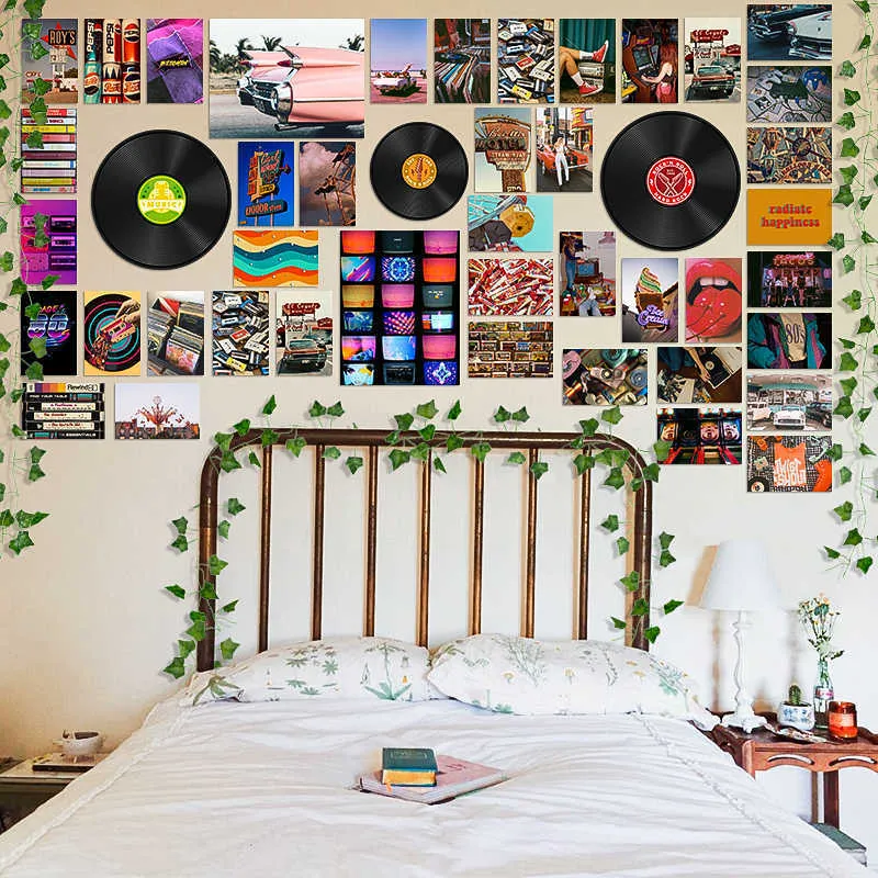 48Pcs Vintage Records Poster Retro Aesthetic Wall Collage Kits Art Printing  Card Fake Vines Trippy Dorm Bedroom Decor for Teens 210929