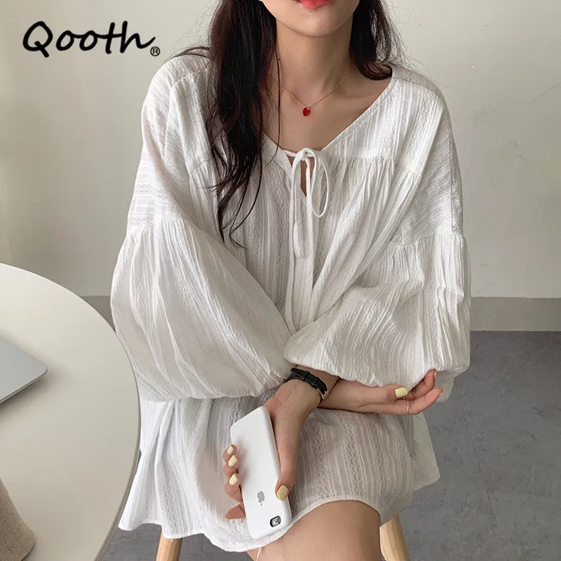 Qooth Retro Lantern Sleeve Solid Shirt Sommar O-Neck Mellanlängd Loose Short-Sleeved T Shirt Causal Pullover Sweet Tops Qt599 210518