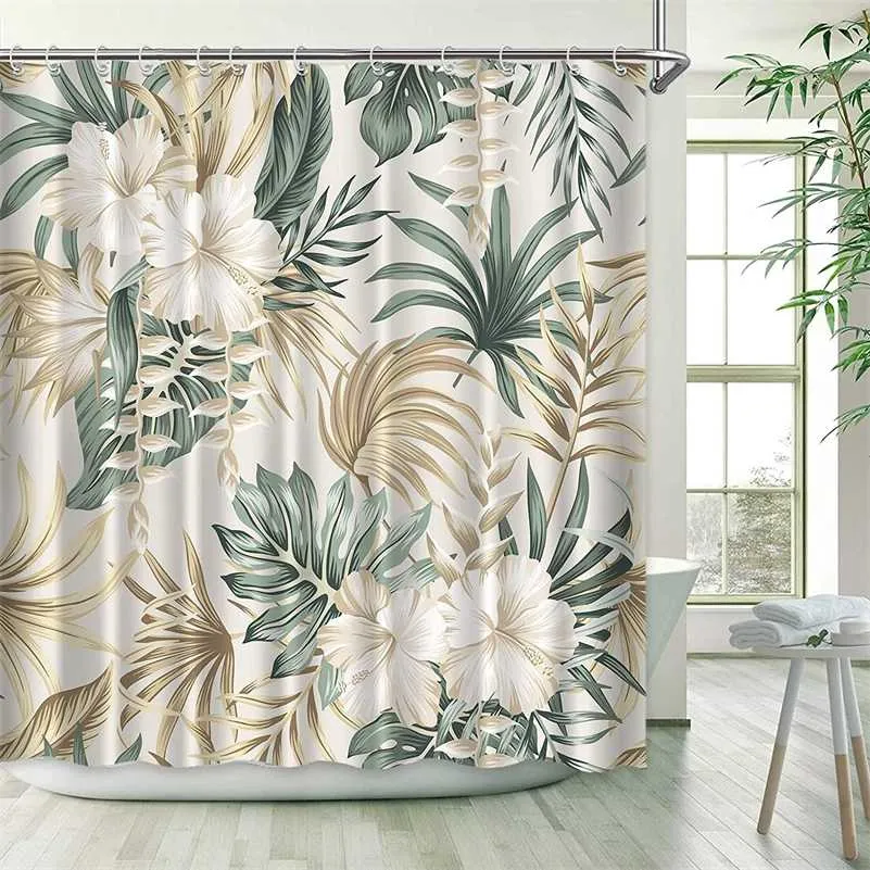 熱帯の緑の植物のヤシの葉の浴室のシャワーカーテン夏のジャングルの生地防水フックのぶら下げカーテンの風呂の装飾211116