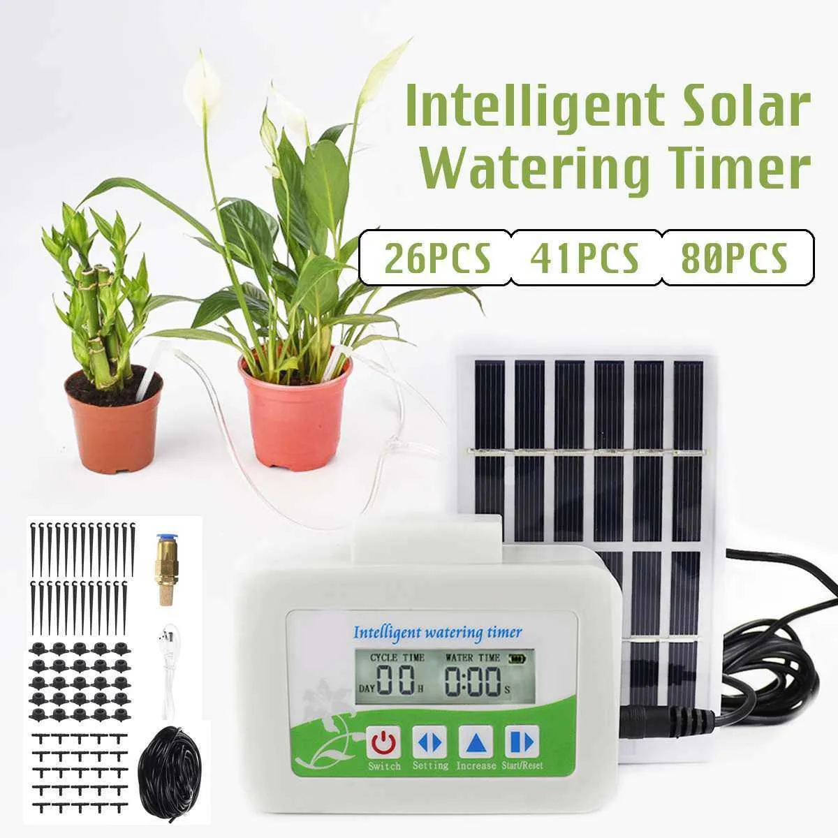 26/41/80pcs Dispositivo di irrigazione automatica da giardino intelligente Impianto a energia solare Irrigazione a goccia Pompa dell'acqua Sistema di timer Cura dei fiori 210610