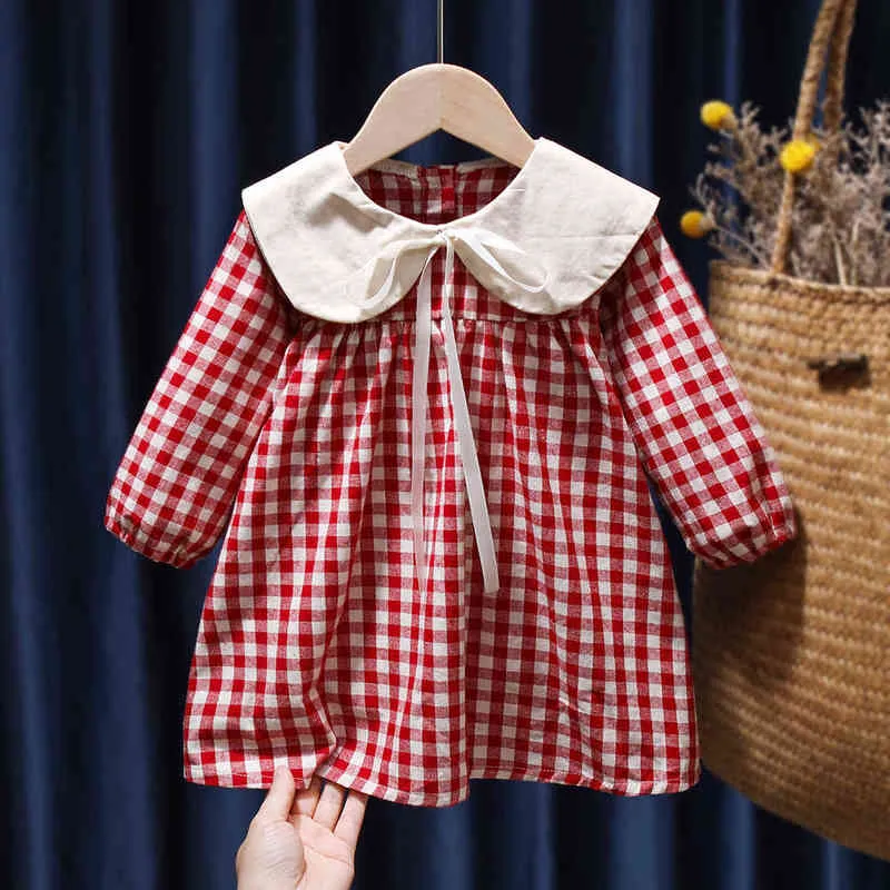 아이들을위한 어린이 드레스 플리라드 긴 소매 드레스 봄 가을 의류 귀여운 피터팬 칼라 드레스 소프트 코튼 의류 Vestidos G1215