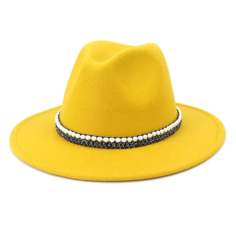 Sombreros de ala ancha 2021 Lana Jazz Fedora Casual Hombres Mujeres Cuero Perla Cinta Fieltro Sombrero Blanco Rosa Amarillo Panamá Trilby Fiesta formal C271E