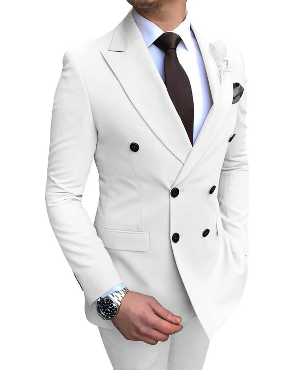 Nuovo abito da uomo bianco 2 pezzi doppiopetto con risvolto piatto slim fit smoking casual per matrimonio (giacca + pantaloni) X0608