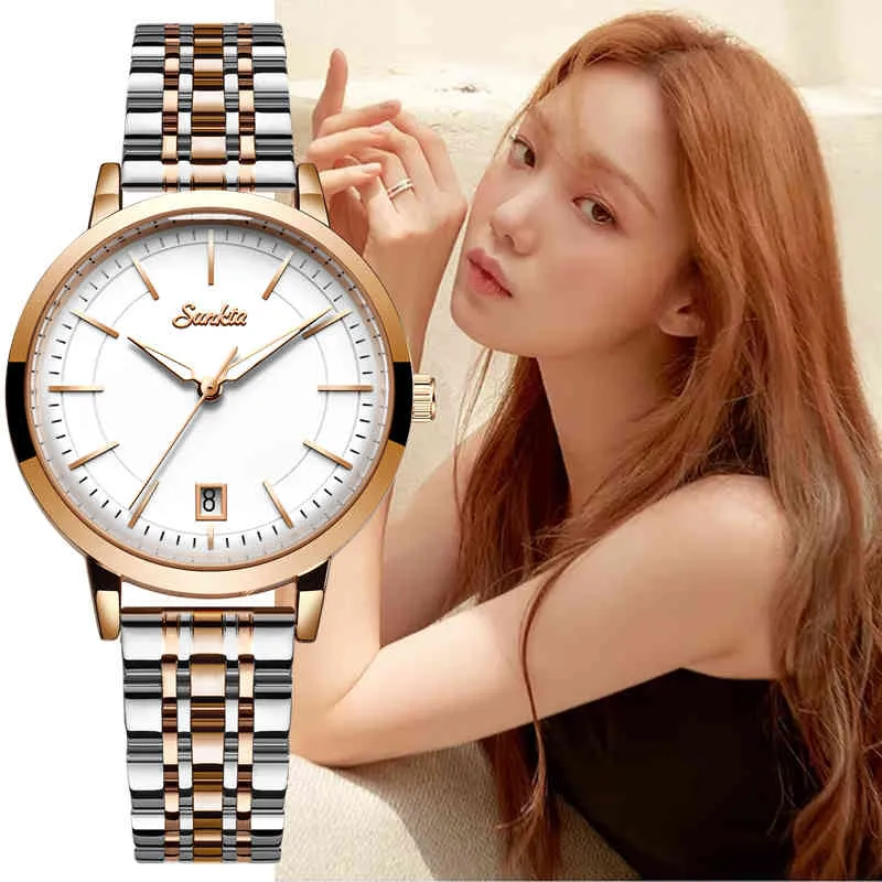 SunKta horloge vrouwen luxe mode casual 30m waterdicht quartz horloges stalen band sport dames elegante polshorloges meisje geschenk 210517