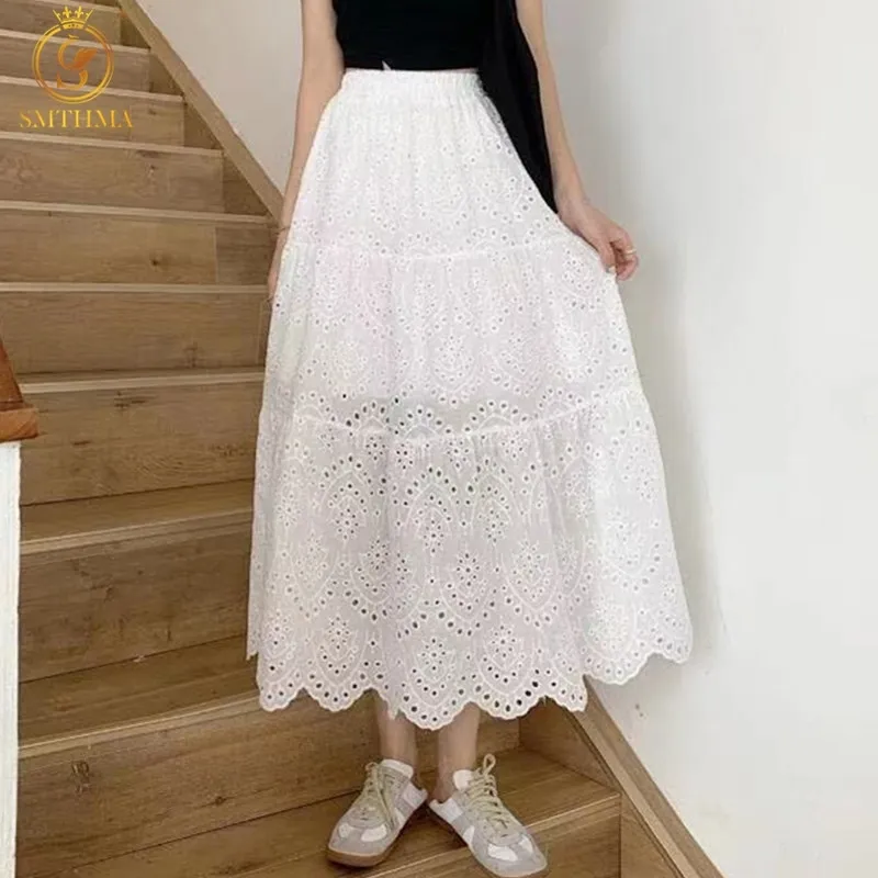 Falda casual del bordado hueco de encaje para las mujeres de la cintura alta de la cintura negra / blanca Faldas de moda femenina de la moda de la moda 210520