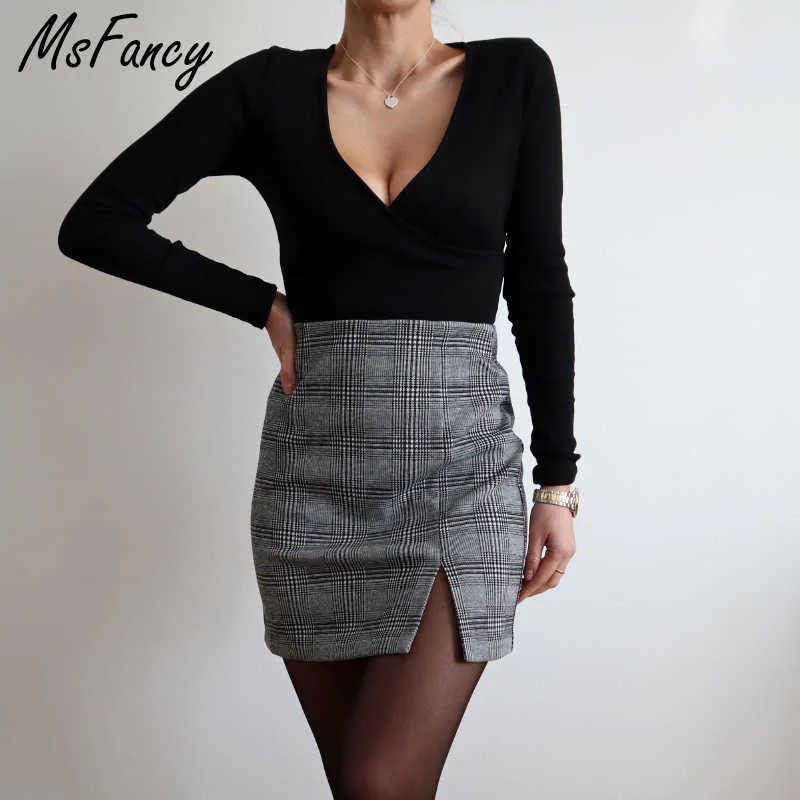 MSFFancy Spring Vintage Plaid Mini Skirt Kvinnor Hög midja A-Line Split Short Kjol Officiell Mujer Faldas 210604