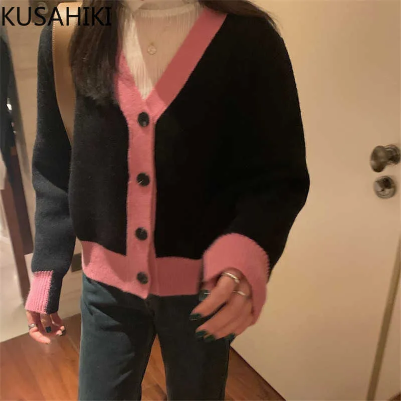 Koreaanse hit kleur gebreide cardigan lente lange mouw V-hals causale vrouwen trui jas knitwear jas 6E593 210603
