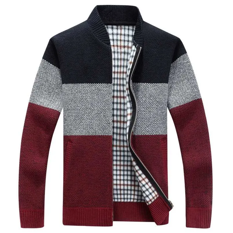 Moda zimowa Patchwork męskie Kurtki dzianiny Gruby Comfy Długi rękaw Sweter Płaszcz Ciepły Stojak Kołnierz Spada Casual Cardigan 211018